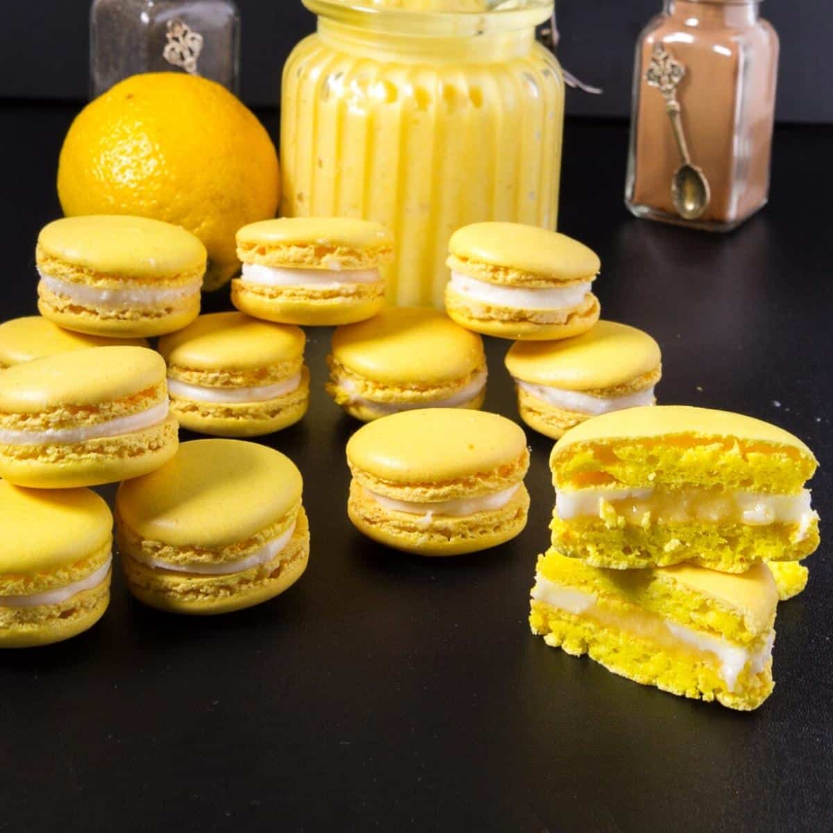 A stack of lemon french macarons.