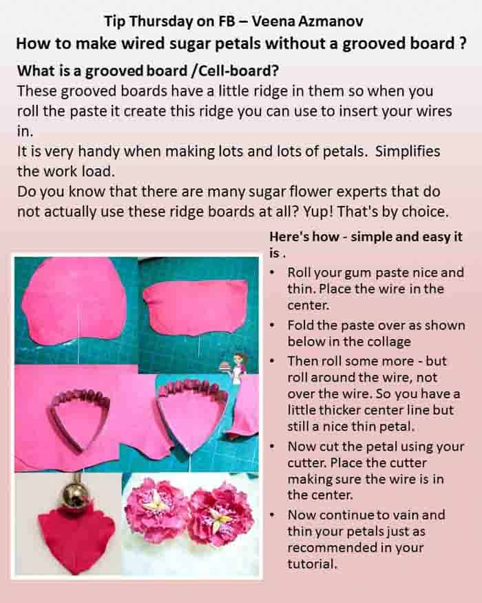 Make wired sugar petals without a grooved board shows you an easy way to make wired sugar flowers without a cell-board. That what this tip Thursday is about today.