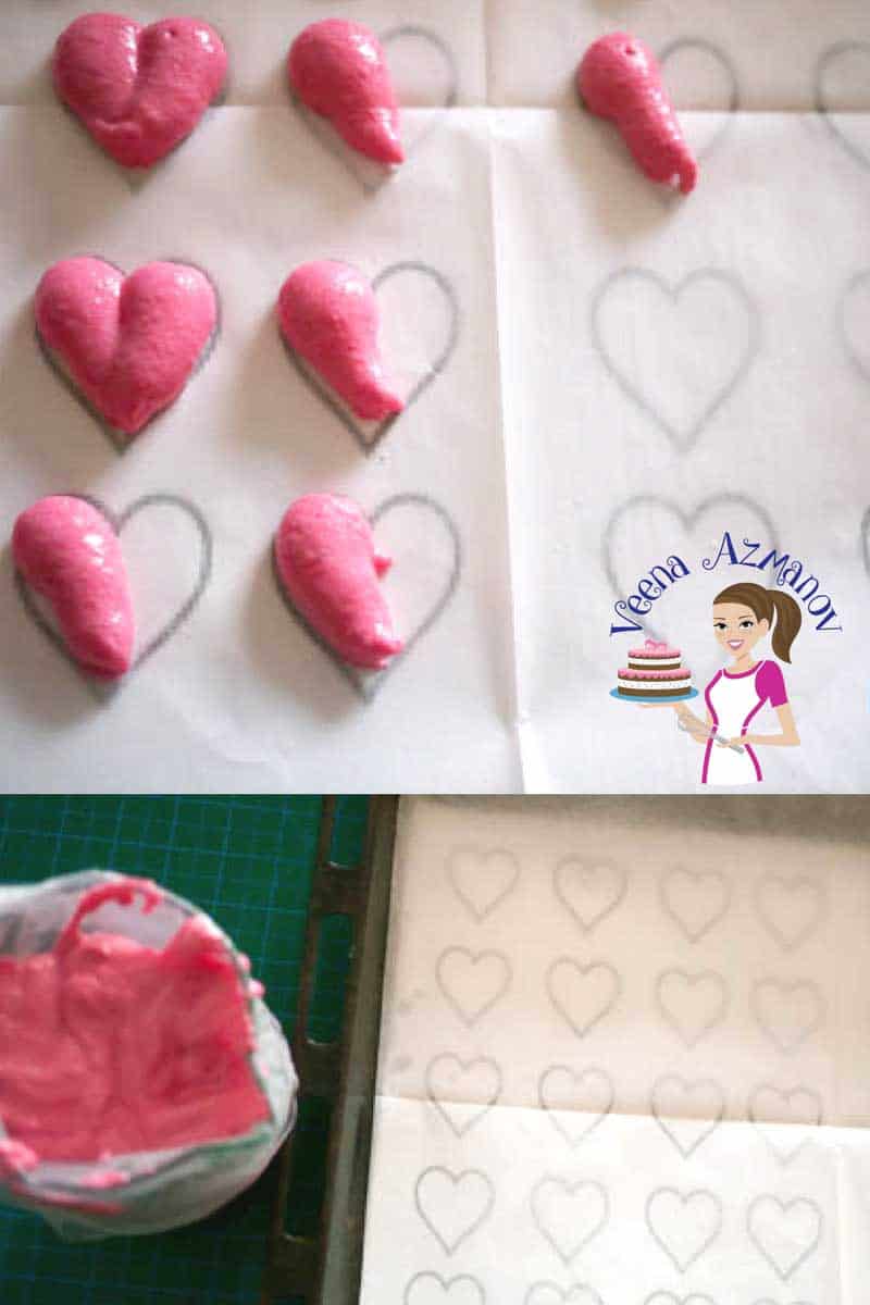 Progress photos of making heart-shaped macarons.