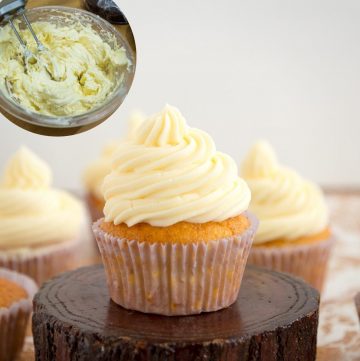 A cupcake frosted with French Buttercream.
