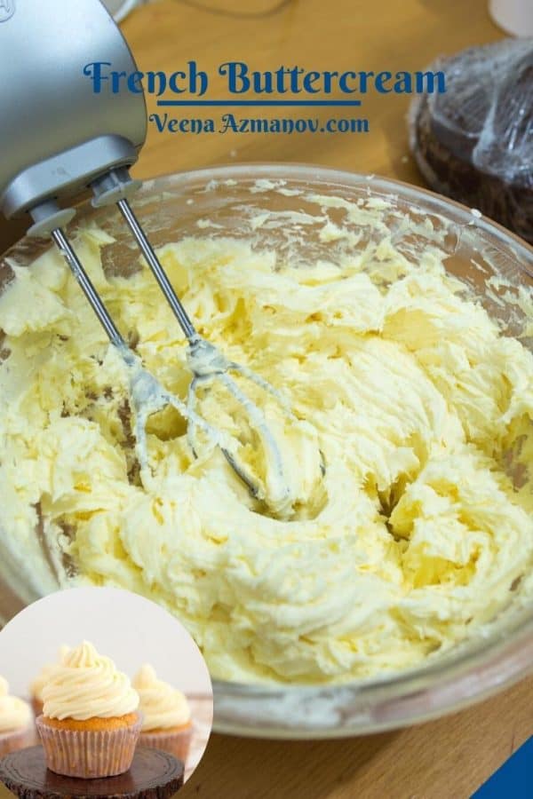 A bowl and hand mixer whipping buttercream with egg yolks.
