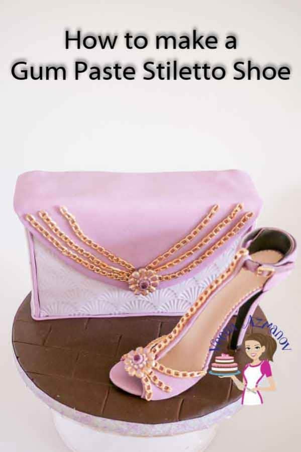 A cake decorated to look like a lady's purse with a gum paste shoe.