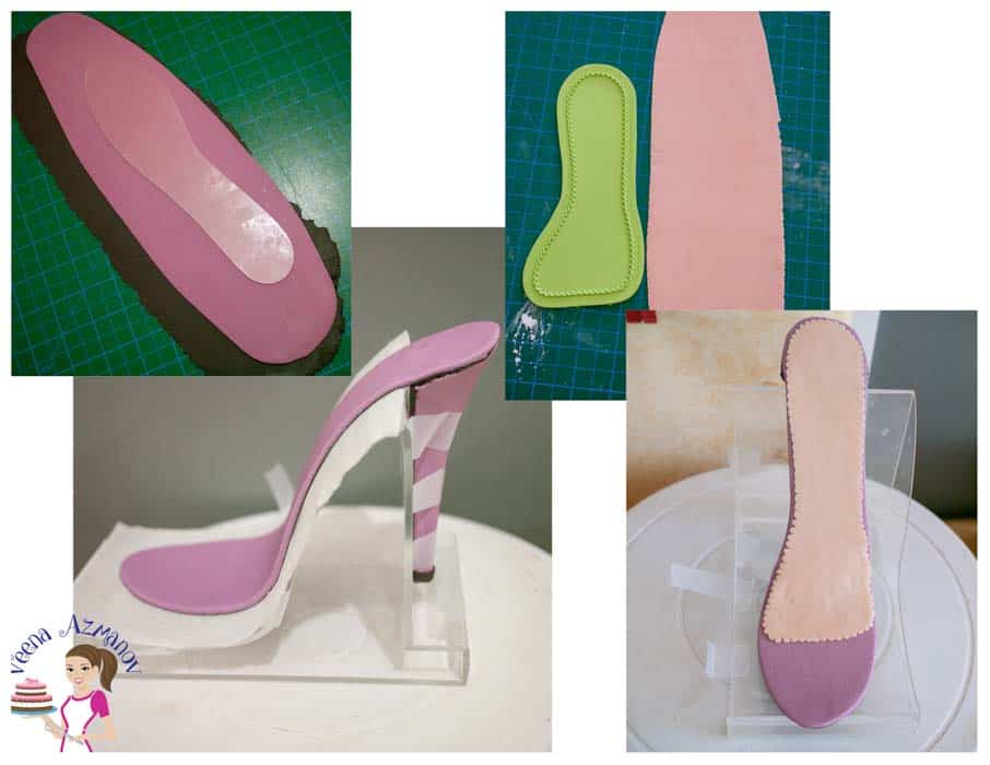 Progress photos of making a lady\'s shoe from gum paste.