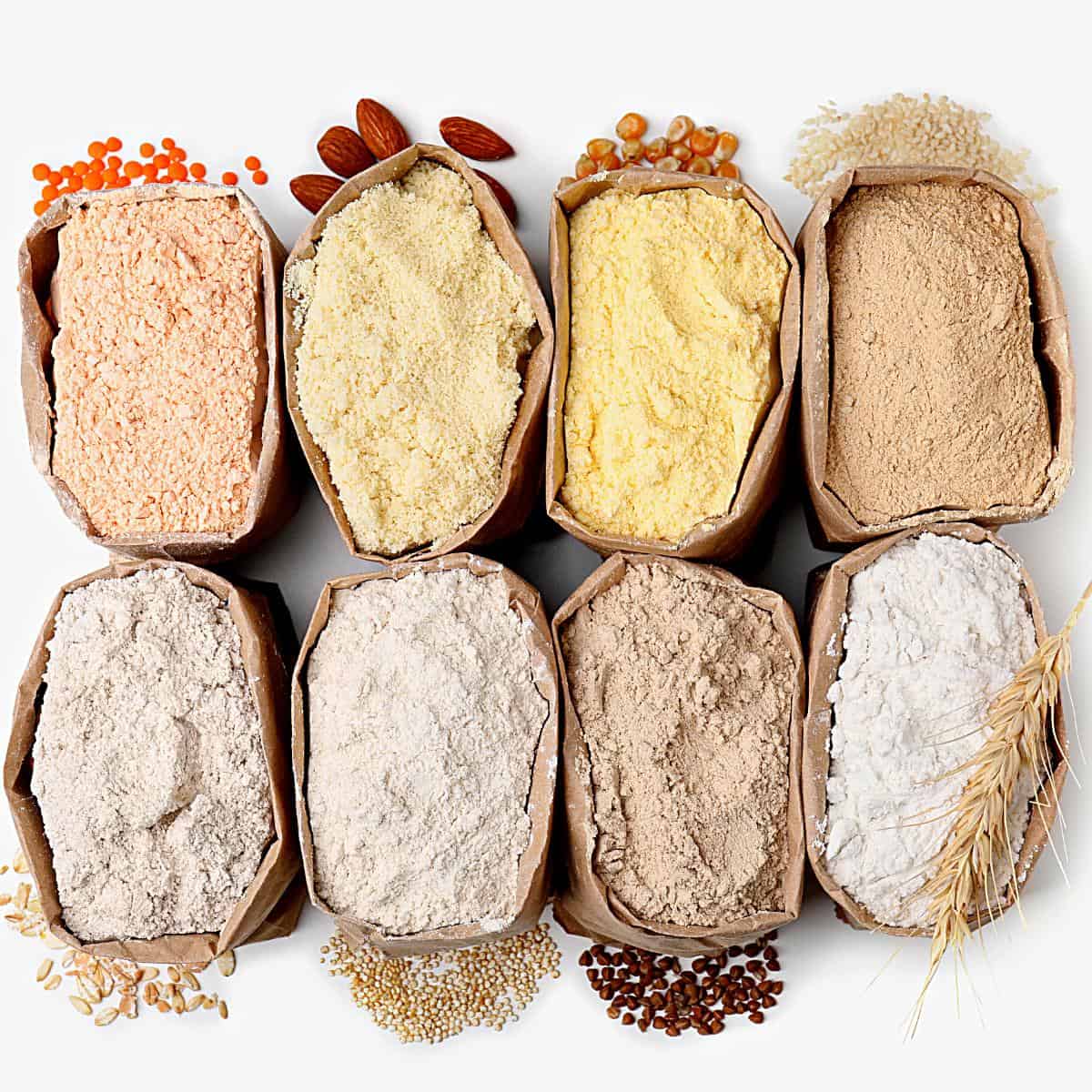 Sacks of different types of healthy flours.