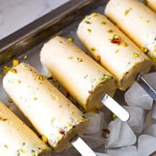 An ice tray with lychee kulfi.