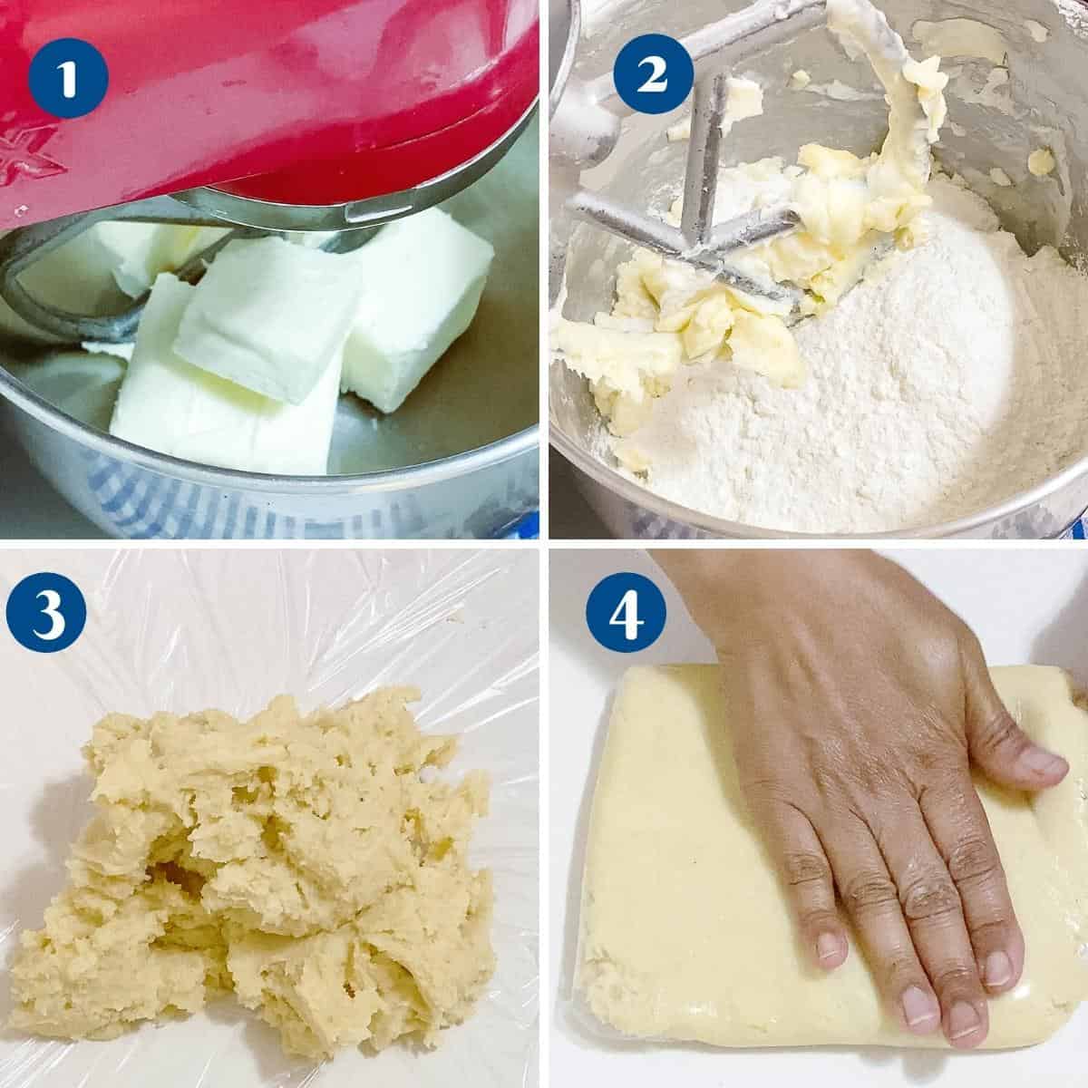 Progress pictures making the shortcrust pastry dough.