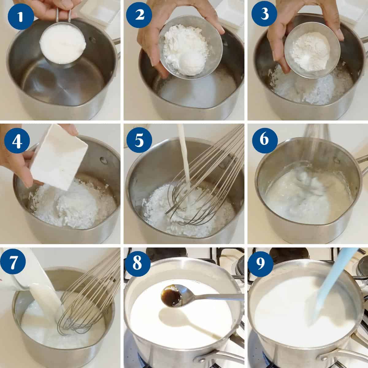 Progress pictures for pastry cream made eggless.