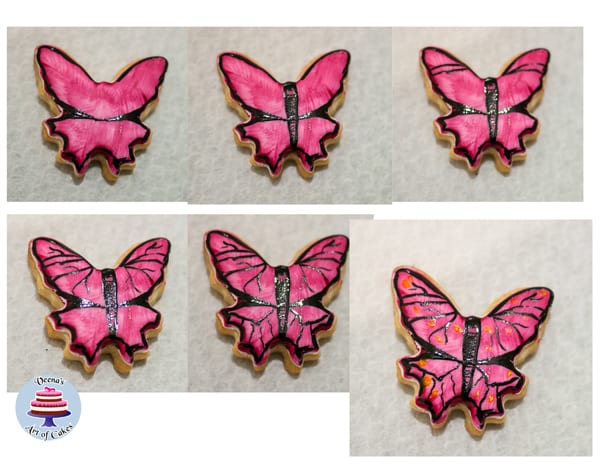 Progress photo of making hand painted butterfly shaped cookies.