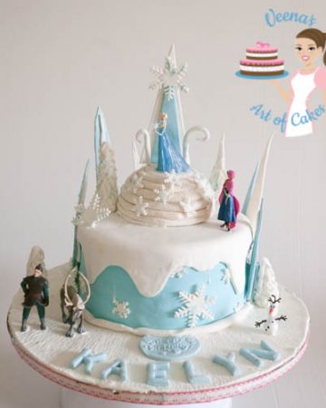 A cake decorated in the Frozen movie theme.