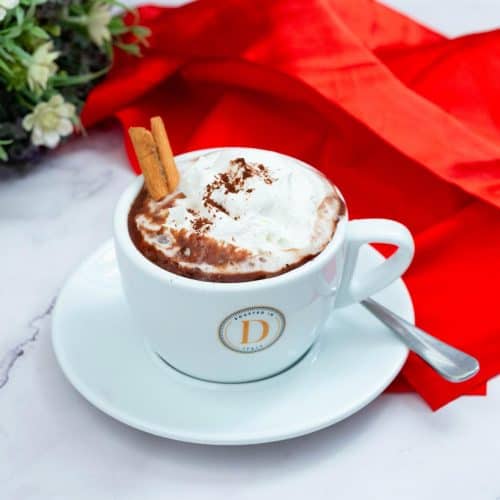 French hot chocolate in a ceramic white cup.
