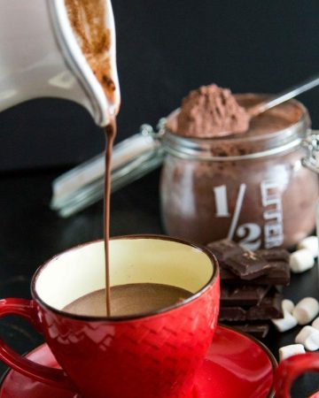 Pouring a cup of hot chocolate.