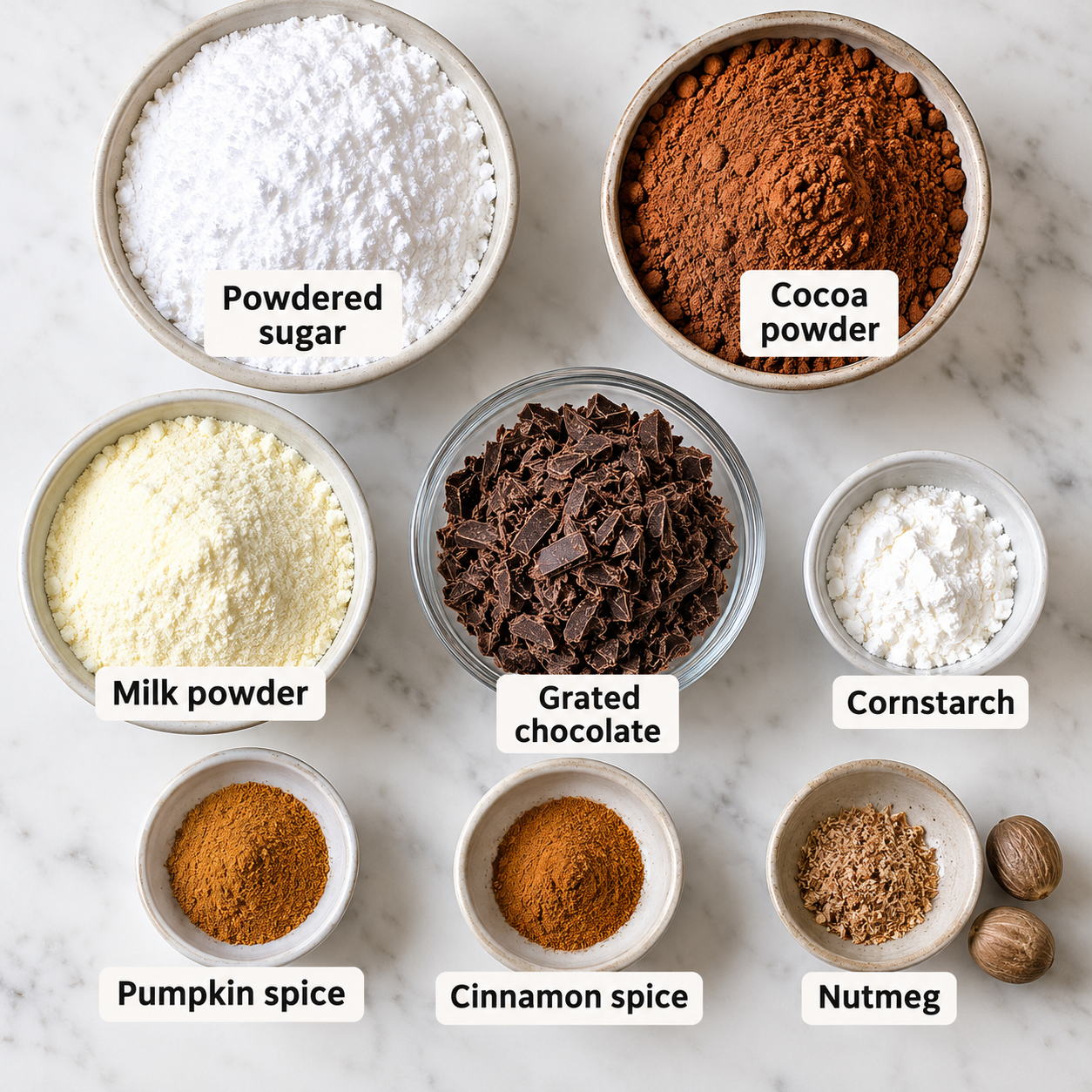Ingredients for making Hot Chocolate Mix Cocoa Mix.