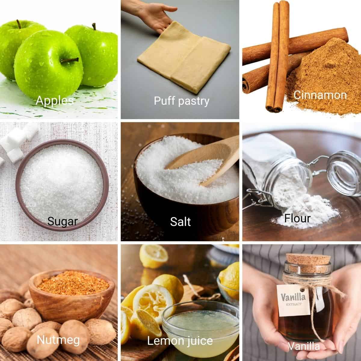 Ingredients for making apple pie with puff pastry.