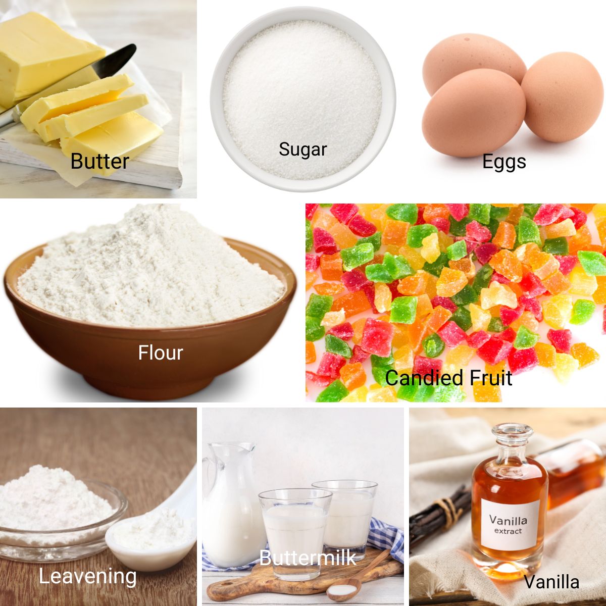 Collage of Ingredients for making Glace Mixed Fruitcake.