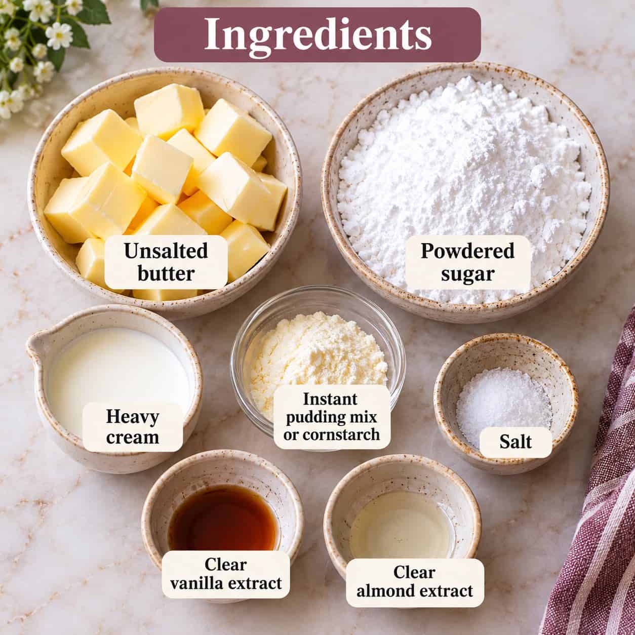 Ingredients for making Russian Tips Buttercream and Stiff Buttercream.