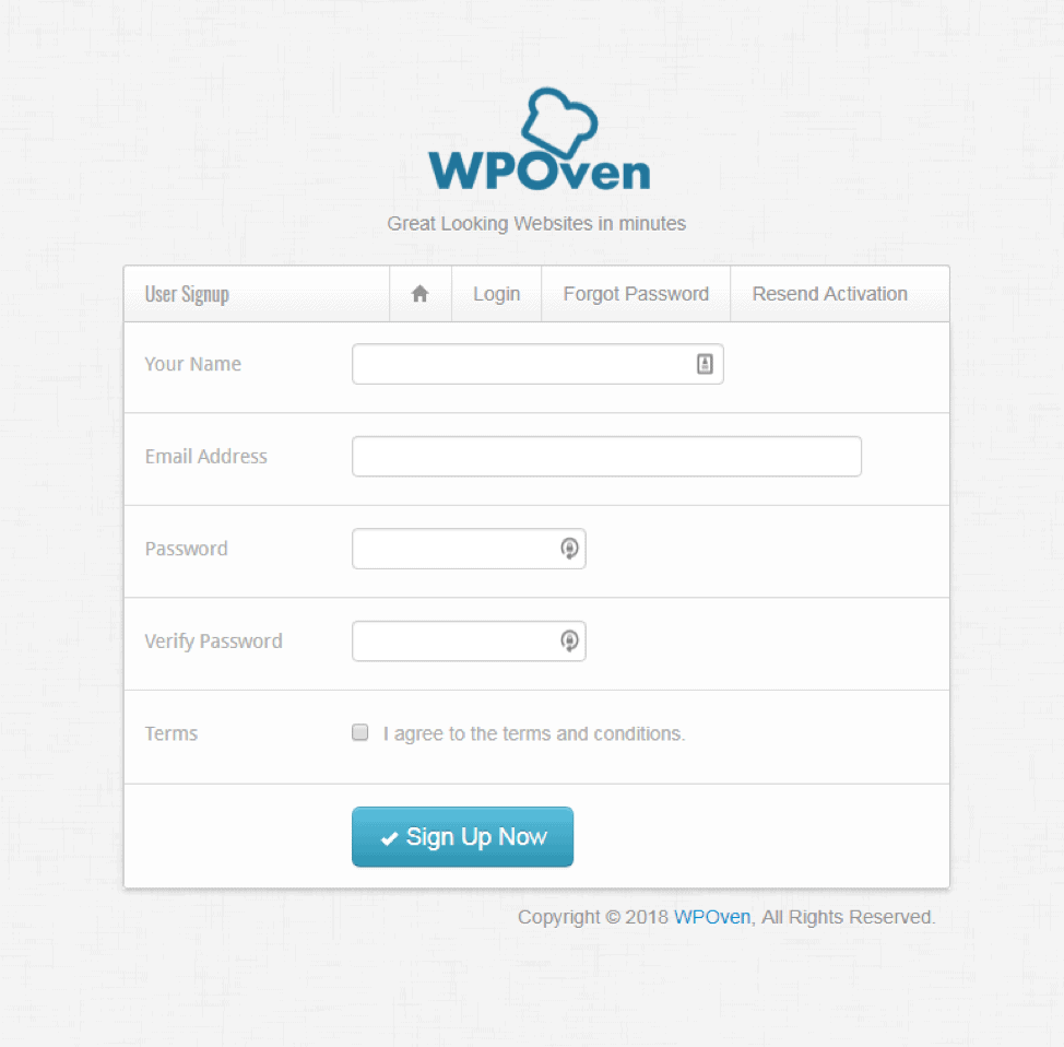 WPOven account registration window.