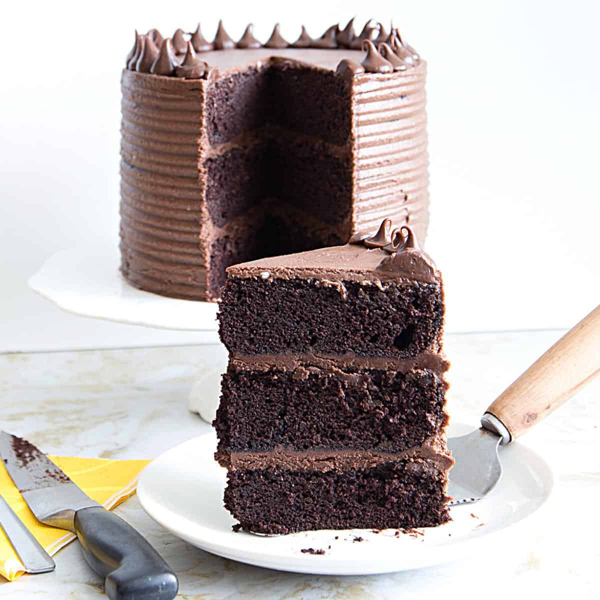 A sliced 8-inch chocolate cake.