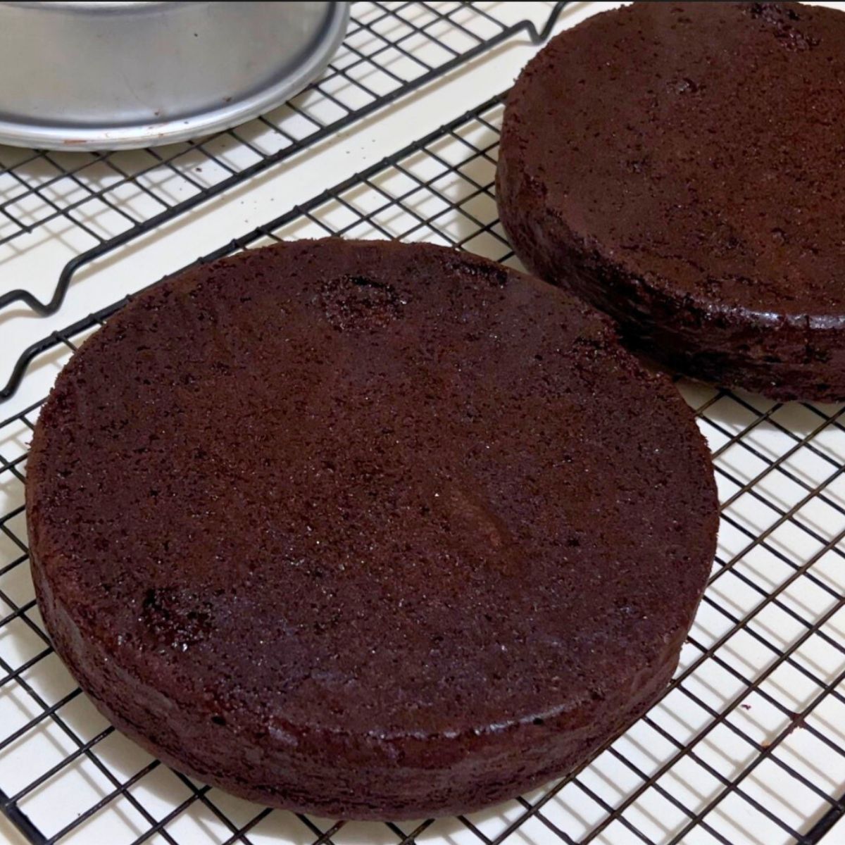 Two baked chocolate cake layers on the wire rack.