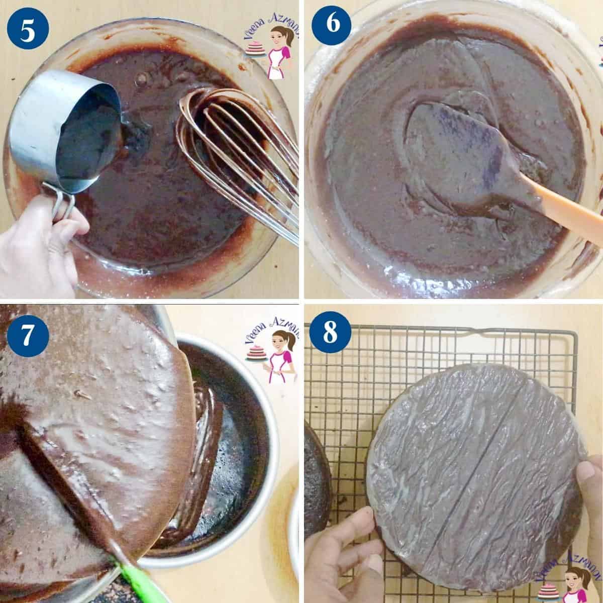 Progress pictures collage for 8-inch cake recipe chocolate.