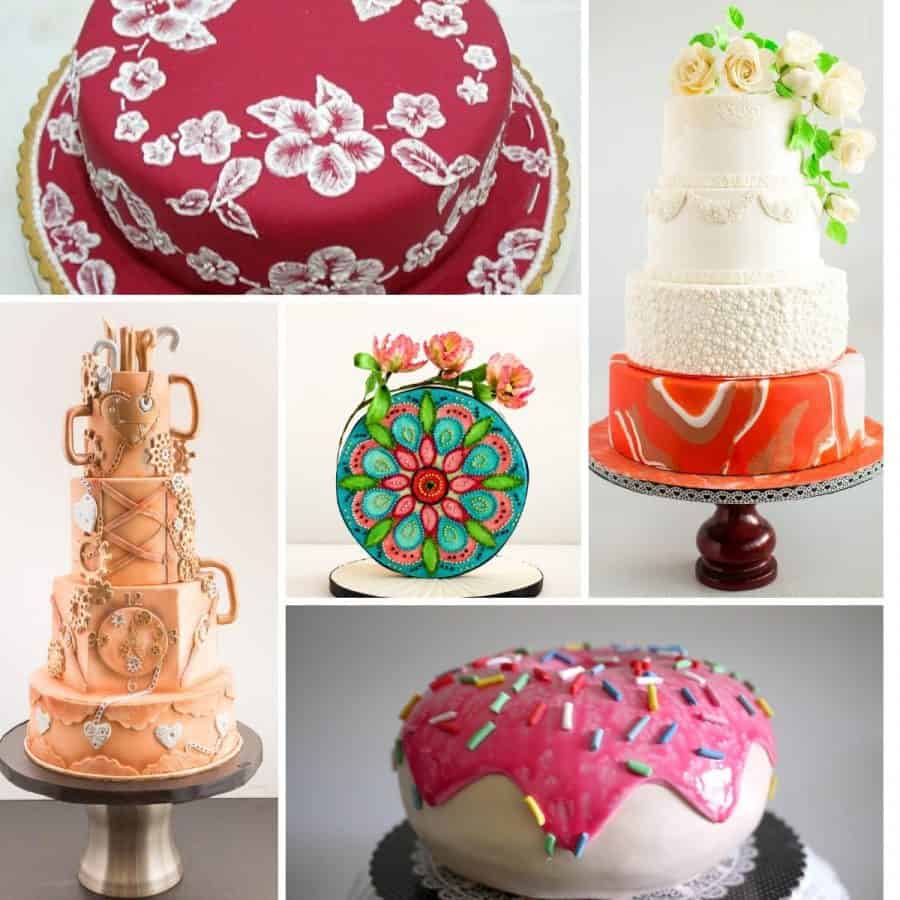 Collage with fondant decorated cakes by Veena Azmanov.