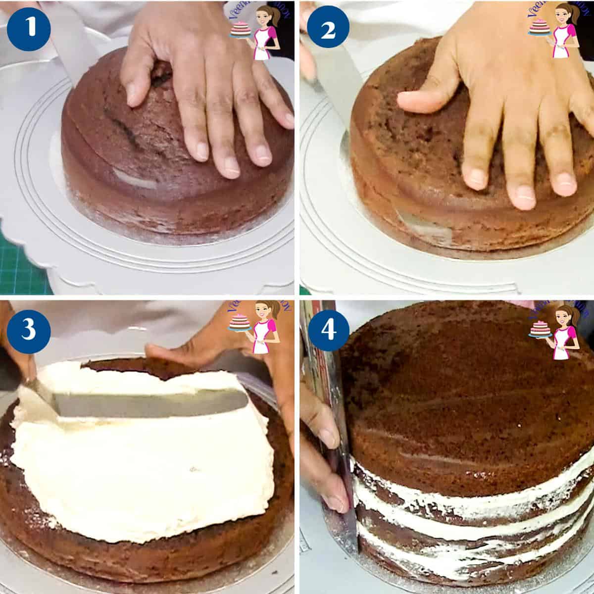 Progress pictures stacking cake with ganache.