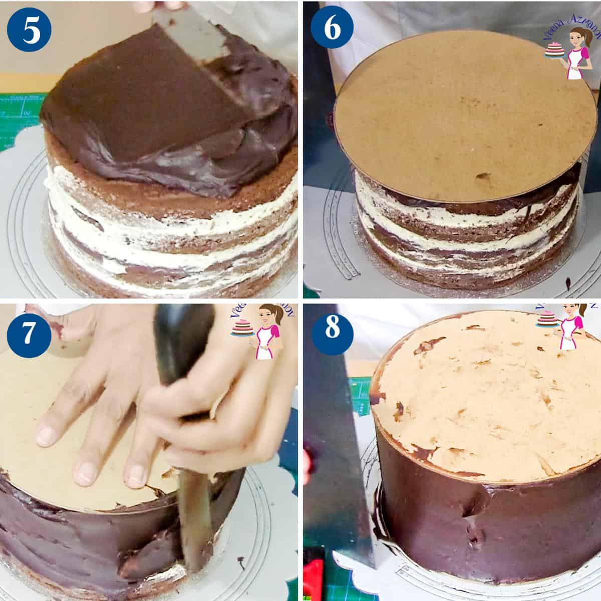 Progress pictures for stacking cake with ganache.