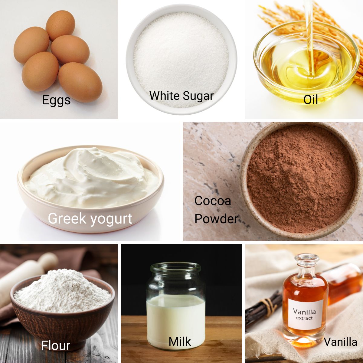 Ingredients for making a classic chocolate 8-inch round cake.