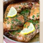 Pinterest image for lemon butter chicken quarters baked.