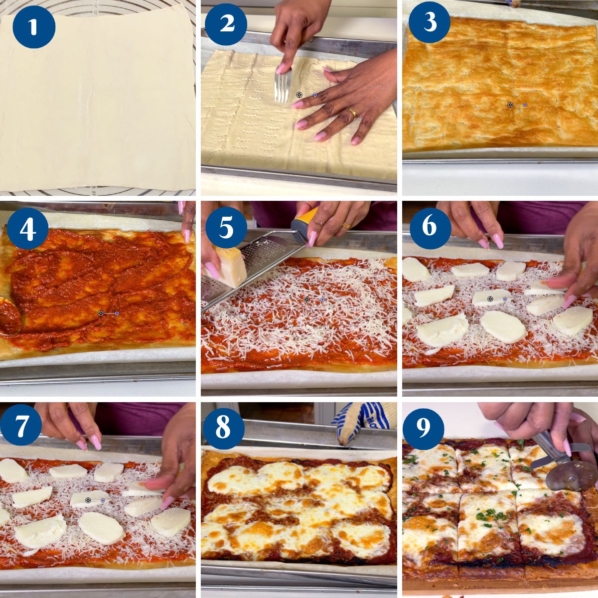 Progress pictures making pesto puff pastry pizza.