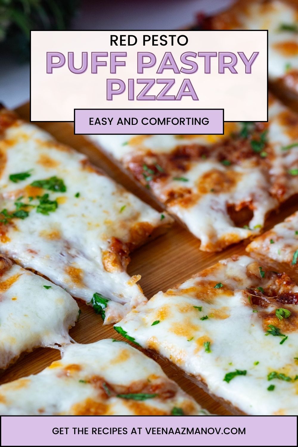 Pinterest image for puff pastry red pesto pizza.