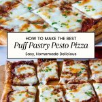 Pinterest image for puff pastry red pesto pizza.