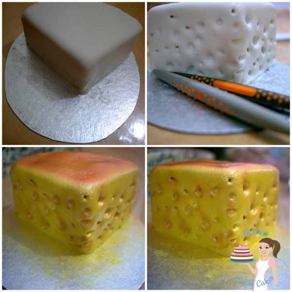 Progress photos of making a cake decorated to look like three pieces of different cheeses.