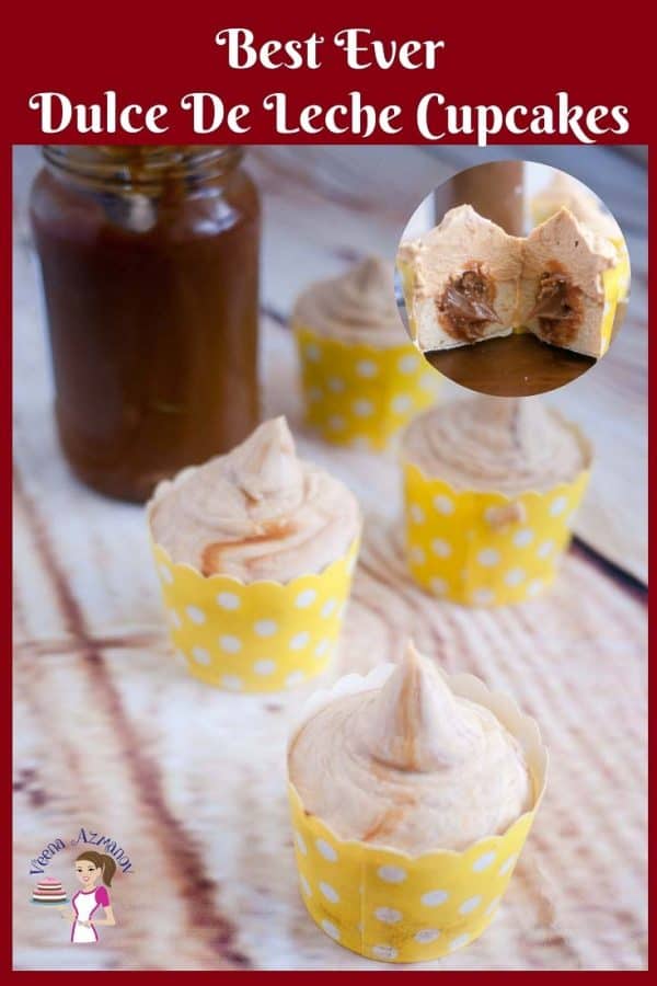 An image optimized for social media for these dulce de leche cupcakes filled with dulce de leche centers and frosted with more dulce de leche buttercream