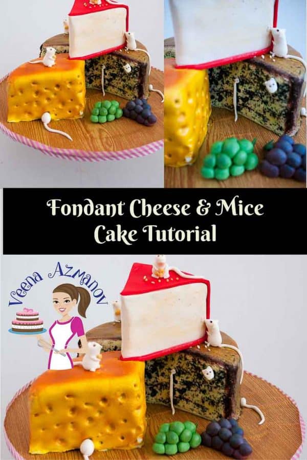 A cake decorated to look like three pieces of different cheeses.