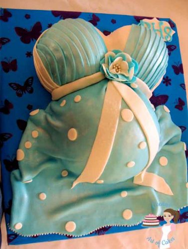 A cake decorated to look like a pregnant belly.