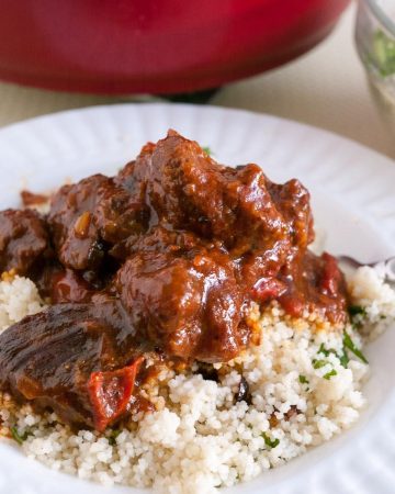 Beef stew with couscous in a plate.