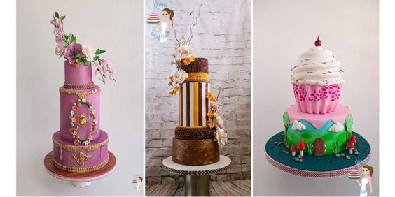 A collage of decorated cakes.