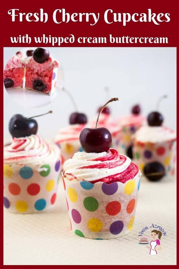 A cupcake made from scratch with cherry puree and almond extract topped with fresh cherry