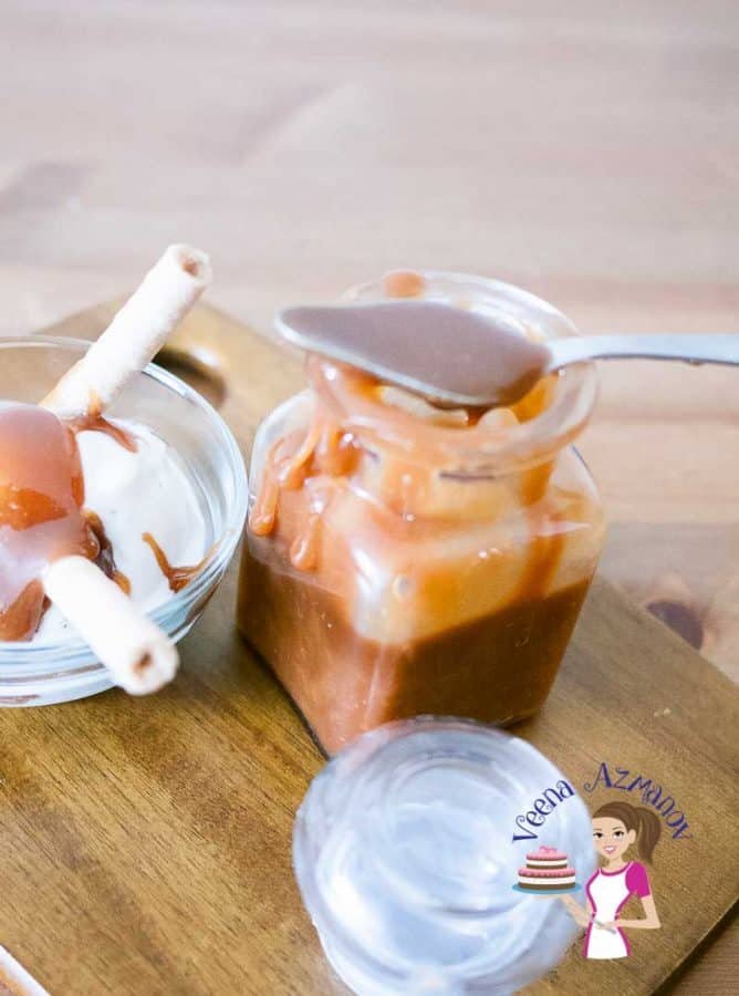 Caramel sauce in a jar.