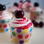 A frosted cupcake with fresh cherry.