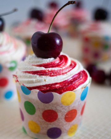 A frosted cupcake with fresh cherry.