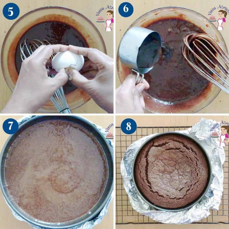 Progress pictures collage for preparing chocolate torte insert.