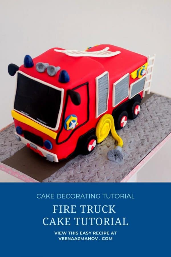 Pinterest image for fire truck cake tutorial.
