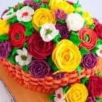 A cake decorated to look like a basket of flowers.