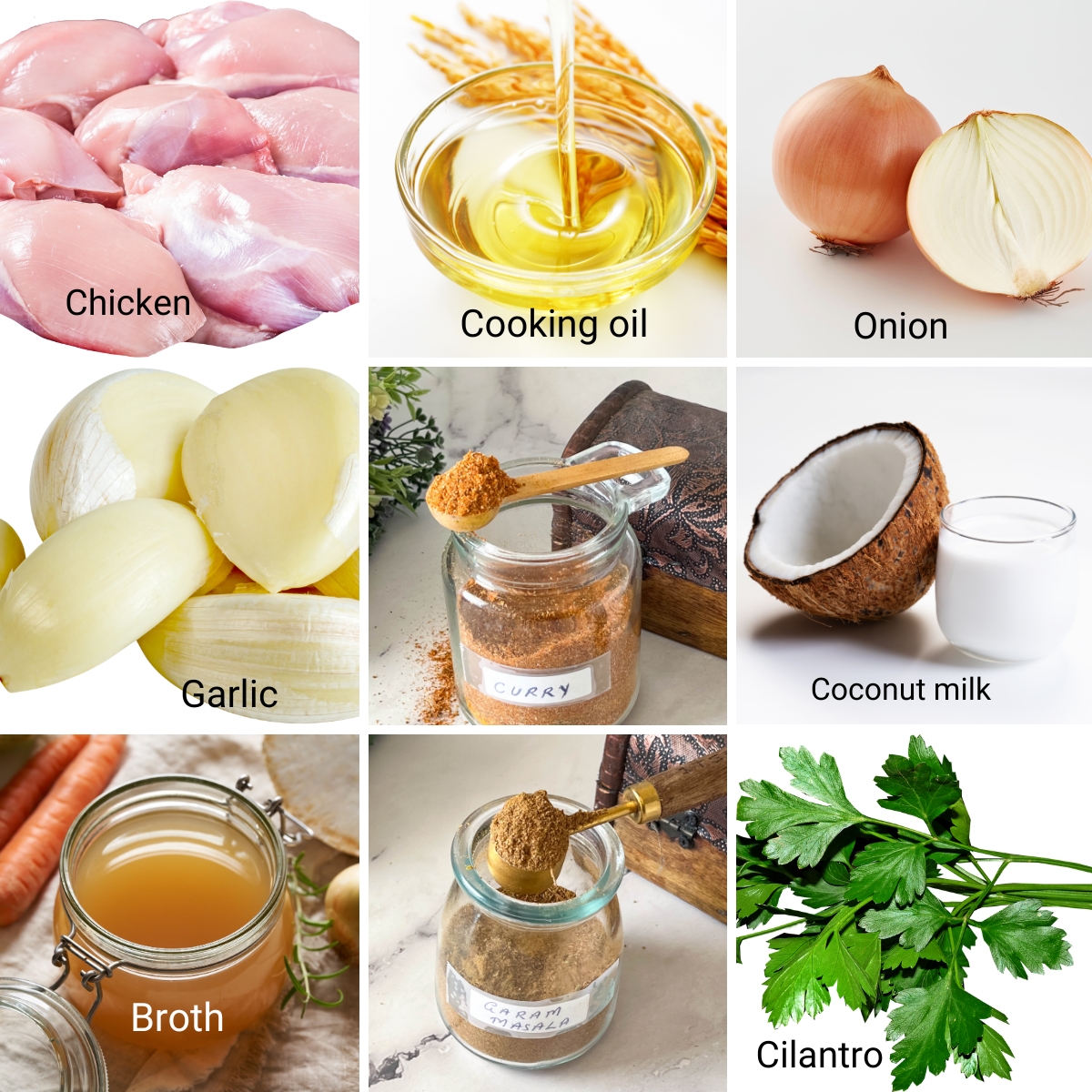 Ingredients for quick chicken curry with curry powder.