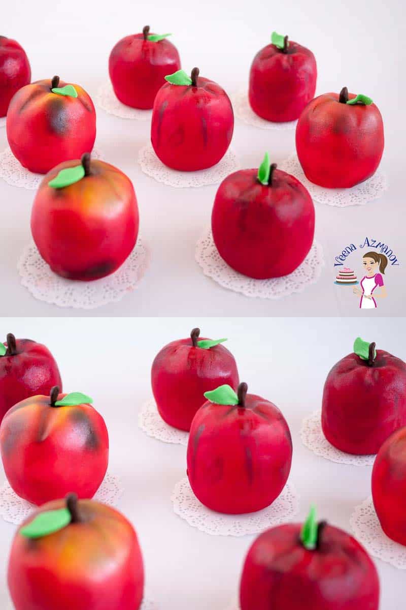 Mini cakes shaped like apples.