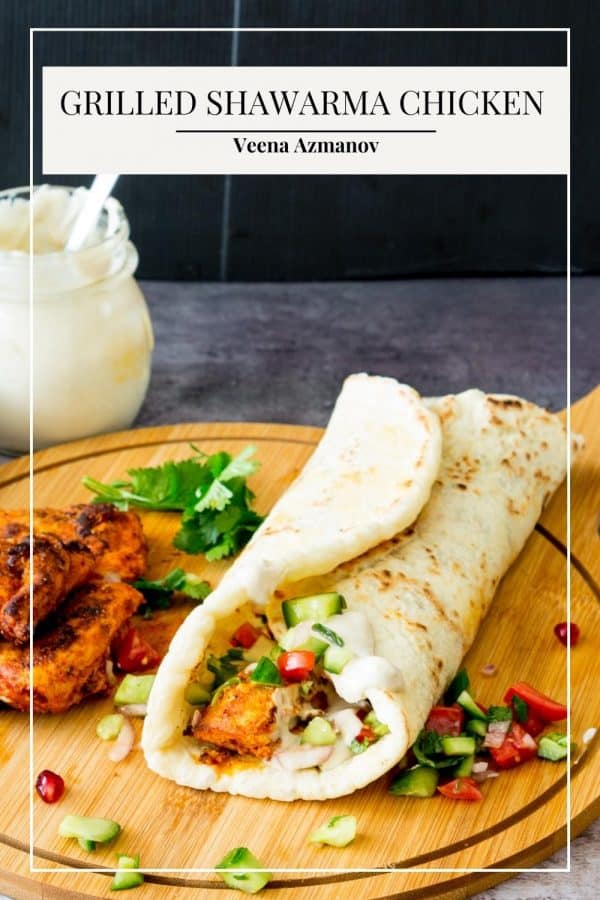 Pinterest image for shawarma with chicken and tahini.