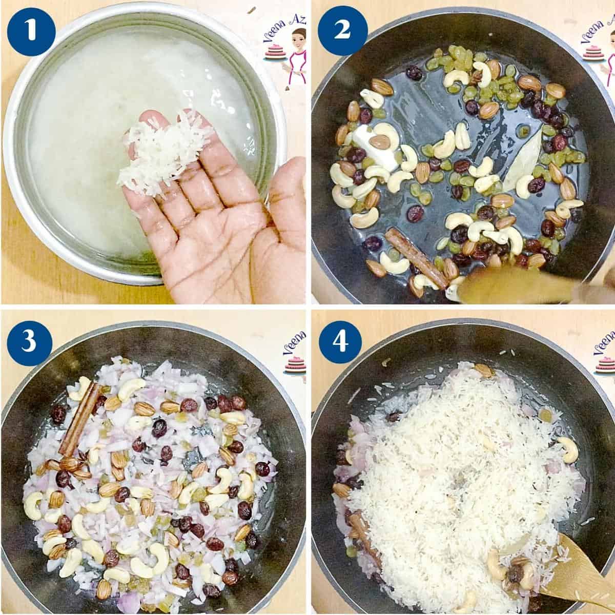 Progress pictures saute the rice with fruit and nuts.
