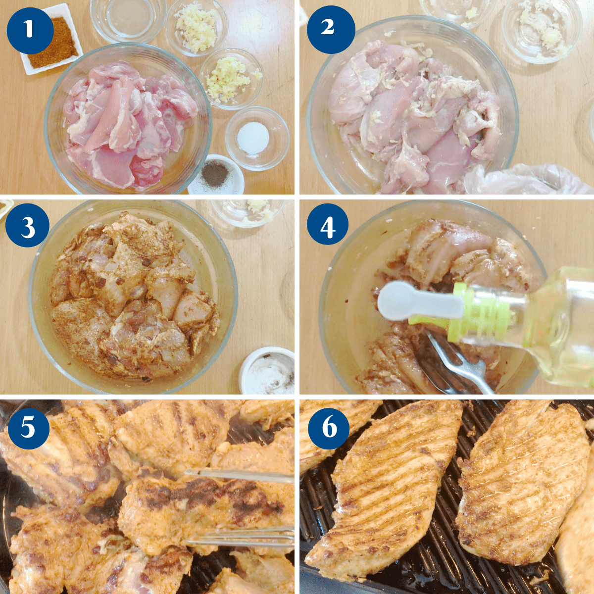 Progress pictures marinating and grilling shawarma chicken.