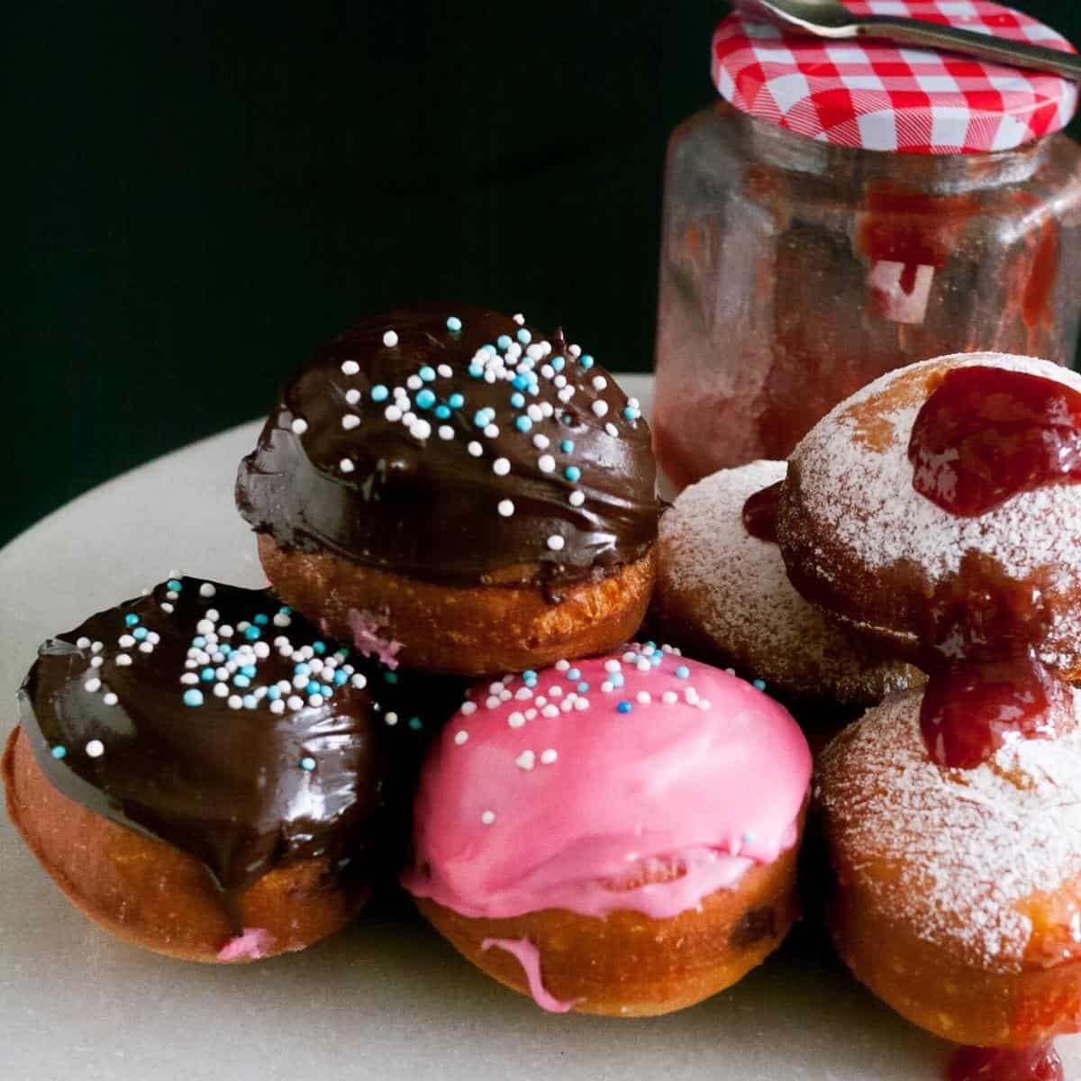 Chocolate doughnuts on a cake stand